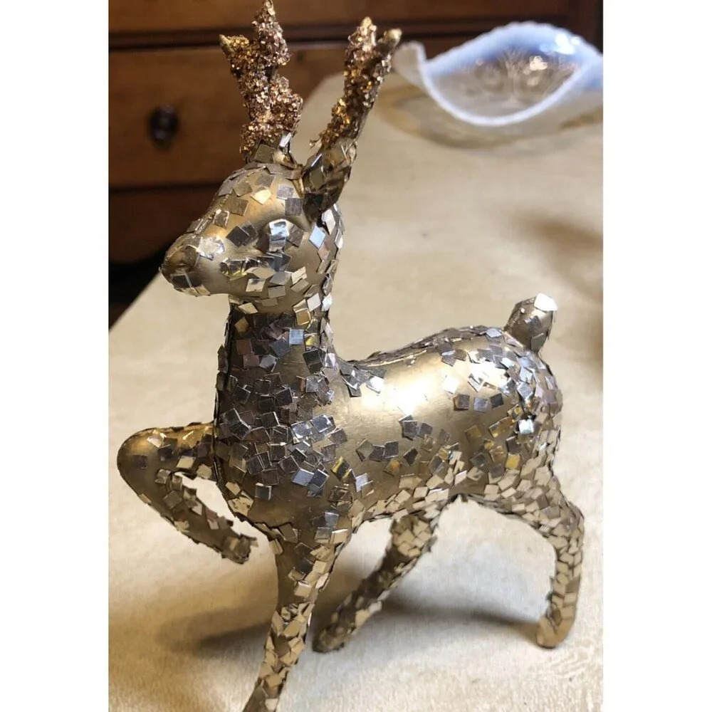 Vtg Hard Plastic Reindeer Gold‎ Golden 6.5"  Prancing Leg Textured Christmas
